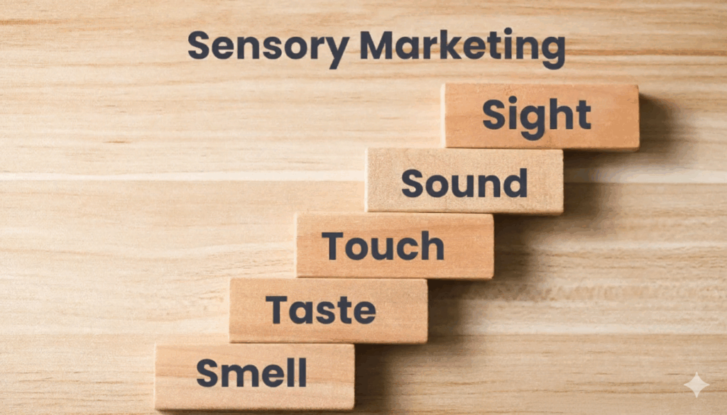 Dřevěné kostky naskládané na sobě s anglickými nápisy pro pět smyslů: Sight, Sound, Touch, Taste, Smell. Ilustrace sensory marketing strategie.