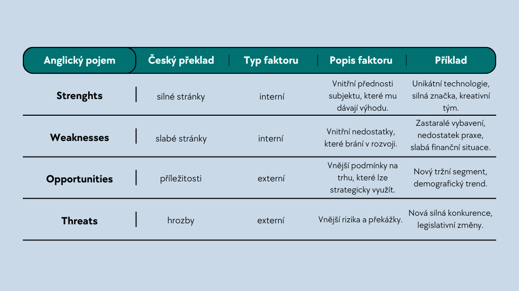 Přehled SWOT kategorií a jejich popis